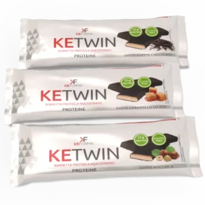 KE TWIN: Barretta proteica multilayer con cioccolato fondente e caramello.