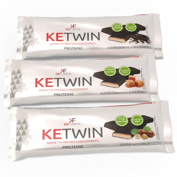 KE TWIN: Barretta proteica multilayer con cioccolato fondente e caramello.